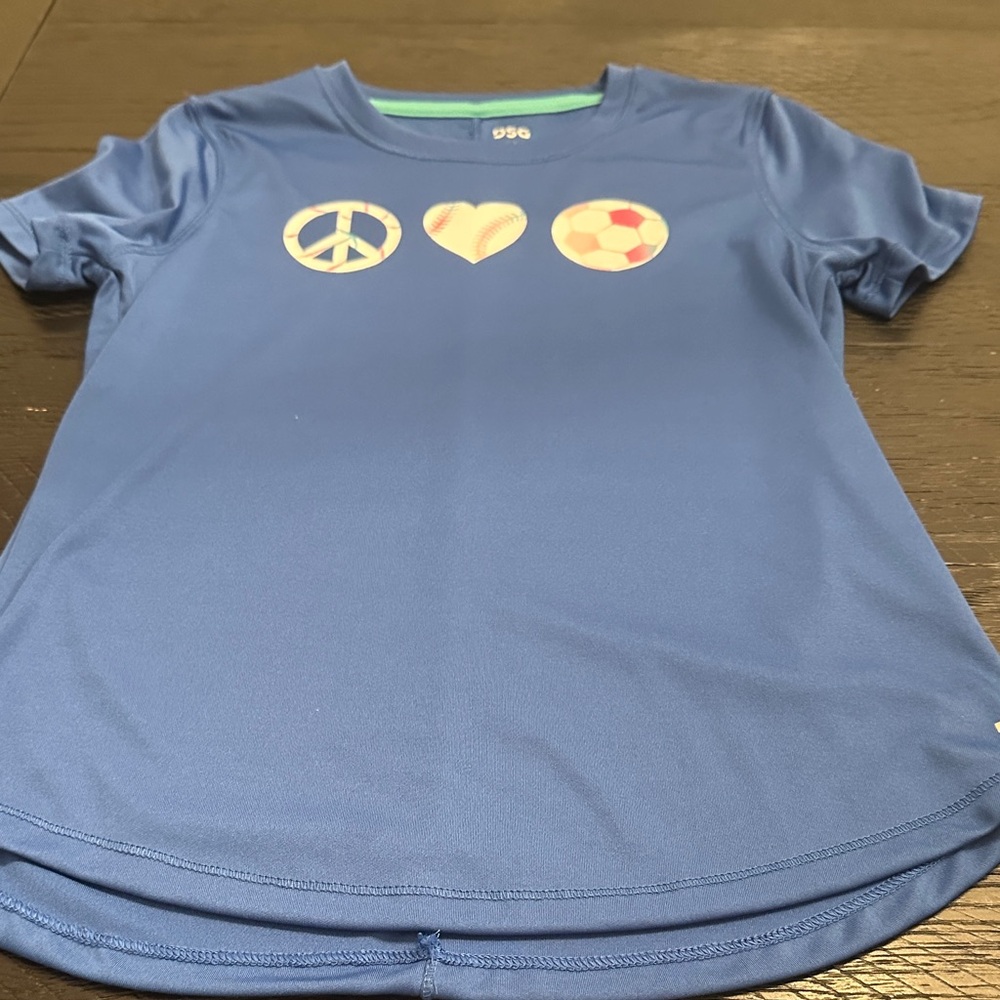 DSG Blue Kids Tee with Peace and Soccer Icons